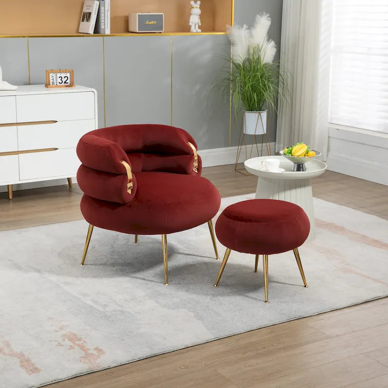 Fauteuil tonneau moderne rouge vin de 29.1 avec pouf
