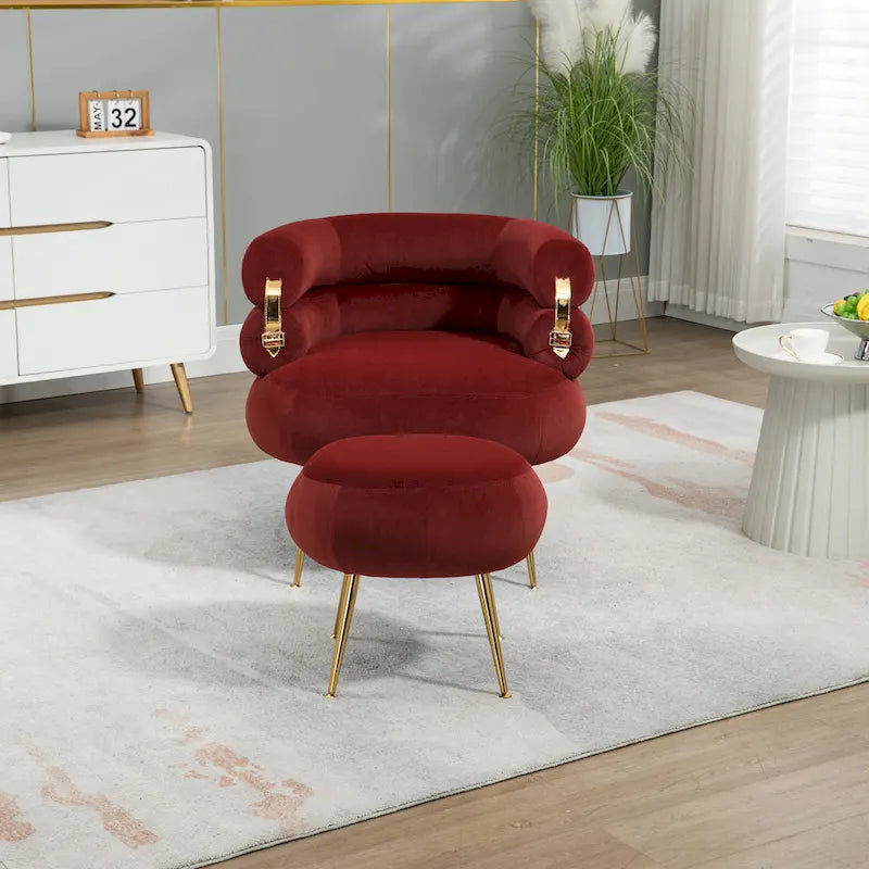 Fauteuil tonneau moderne rouge vin de 29.1 avec pouf