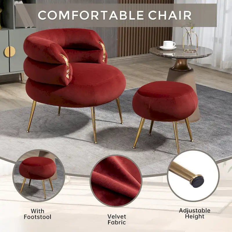 Fauteuil tonneau moderne rouge vin de 29.1 avec pouf