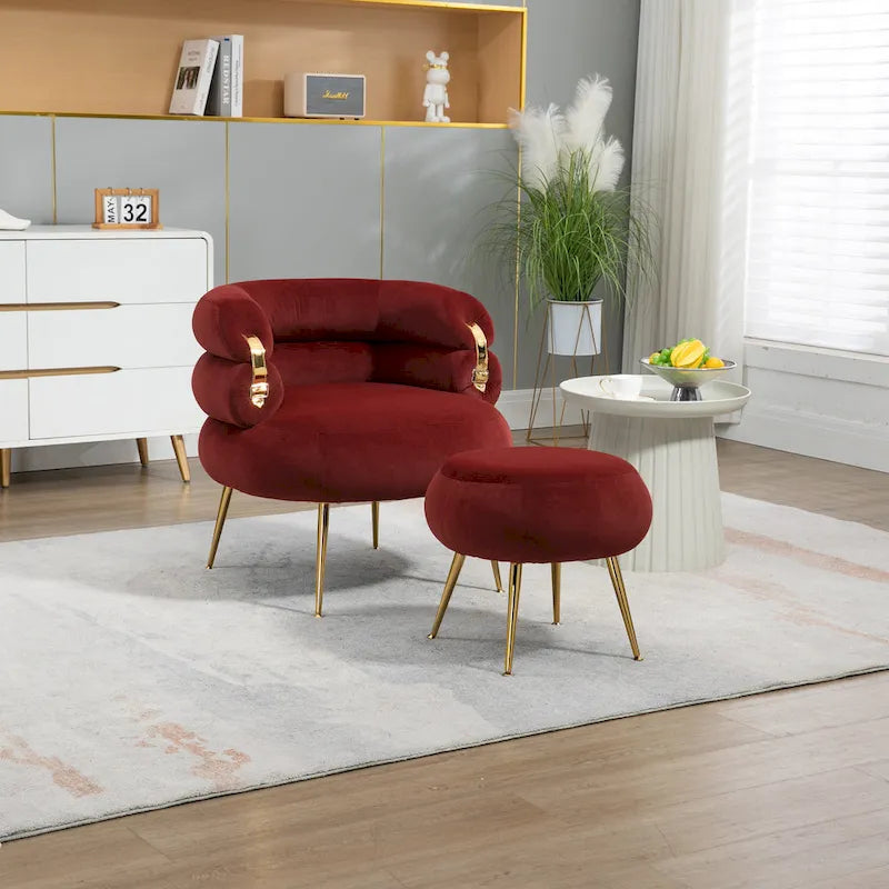 Fauteuil tonneau moderne rouge vin de 29.1 avec pouf