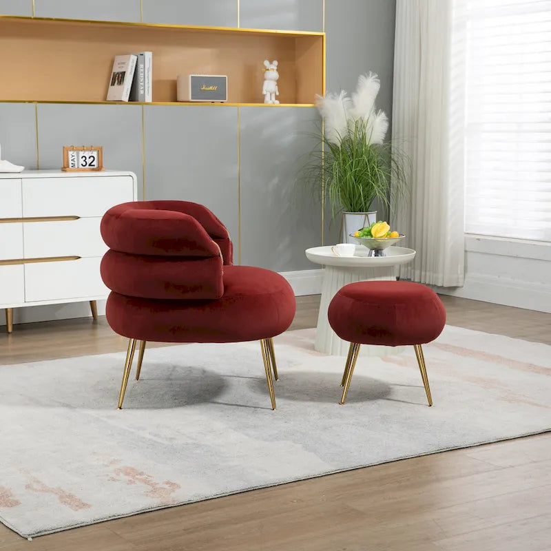 Fauteuil tonneau moderne rouge vin de 29.1 avec pouf