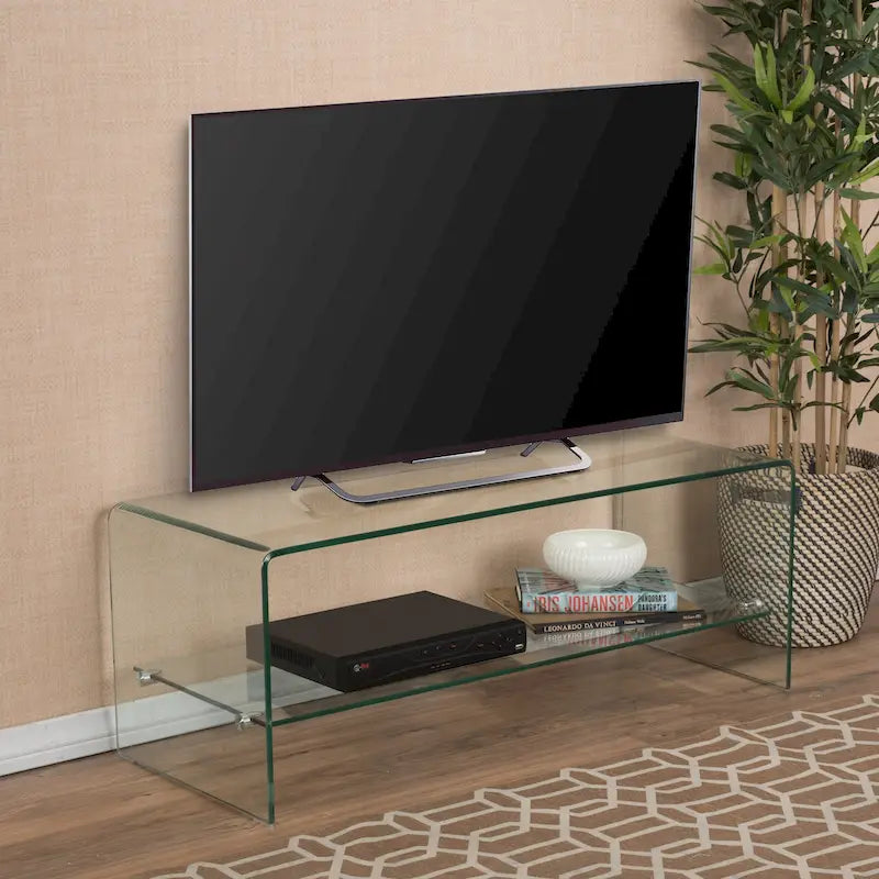 Mueble para TV transparente de 39.37 con diseño abierto en la parte posterior y estante de vidrio para televisores de hasta 39
