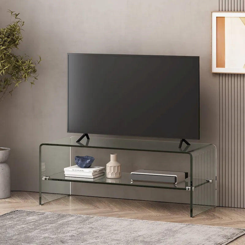 Mueble para TV transparente de 39.37 con diseño abierto en la parte posterior y estante de vidrio para televisores de hasta 39