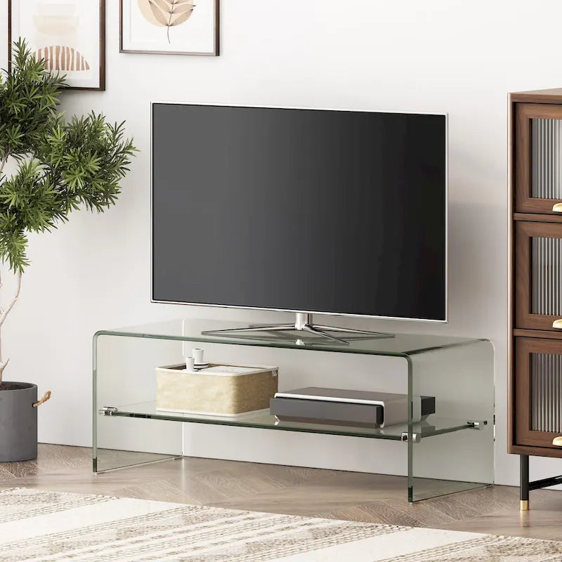 Mueble para TV transparente de 39.37 con diseño abierto en la parte posterior y estante de vidrio para televisores de hasta 39