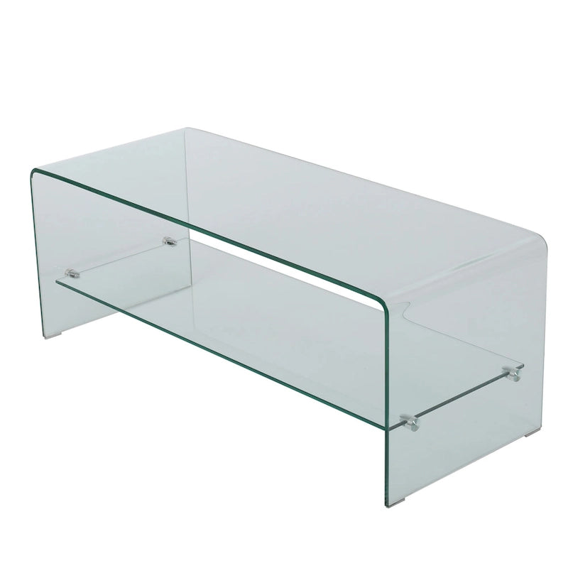 Mueble para TV transparente de 39.37 con diseño abierto en la parte posterior y estante de vidrio para televisores de hasta 39