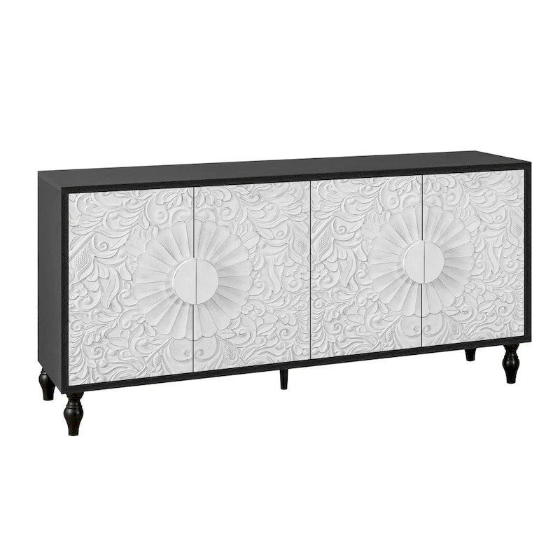 Lily-Sideboard mit geschnitztem Blumenmotiv an den Türen, großem Stauraum und Regalen