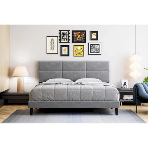 Bed Frame Upholstered Platform with Square Velvet Headboard