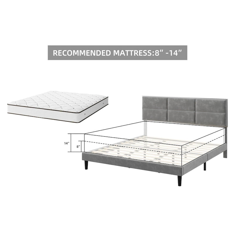 Estructura de cama con plataforma tapizada y cabecero cuadrado de terciopelo