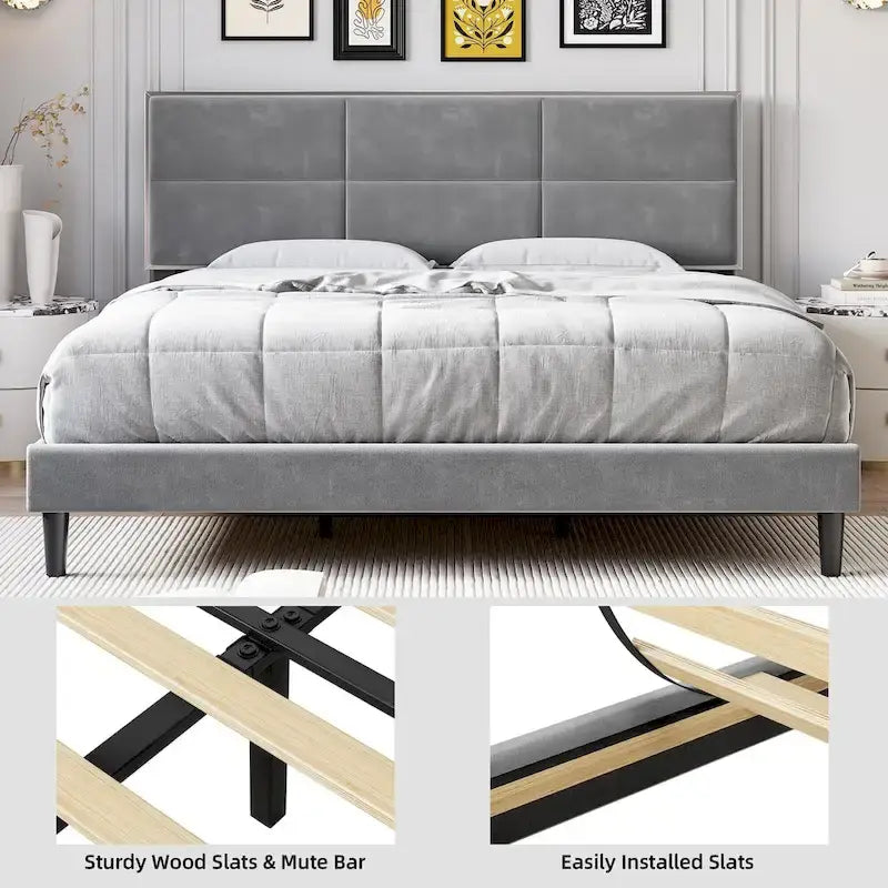 Estructura de cama con plataforma tapizada y cabecero cuadrado de terciopelo