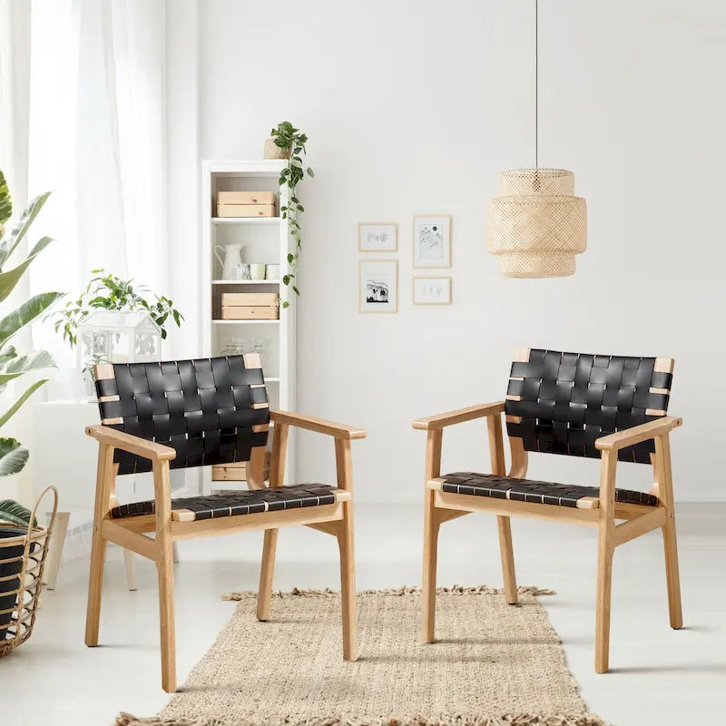 Chaises de salle à manger en cuir tressé avec structure en bois massif - 29.7H x 21.7W x 22.8D