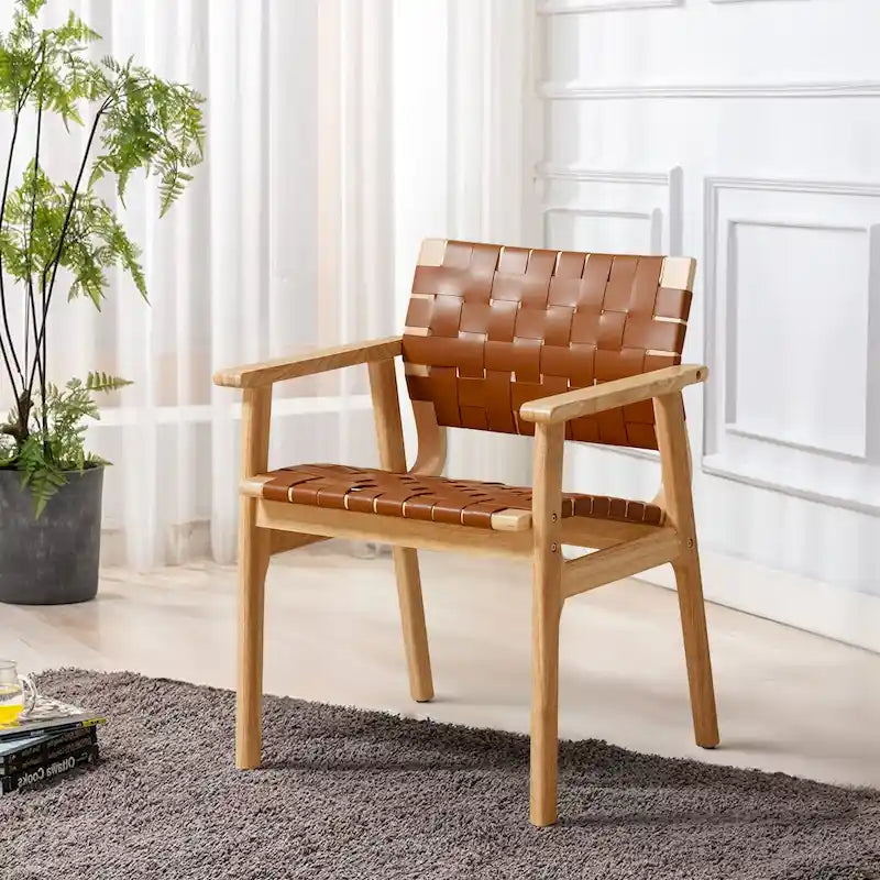 Chaises de salle à manger en cuir tressé avec structure en bois massif - 29.7H x 21.7W x 22.8D