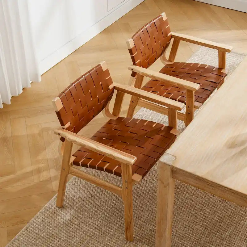 Esszimmerstühle aus geflochtenem Leder mit Massivholzgestell - 29.7H x 21.7W x 22.8D