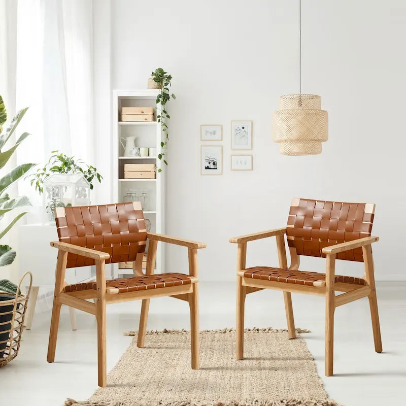 Esszimmerstühle aus geflochtenem Leder mit Massivholzgestell - 29.7H x 21.7W x 22.8D