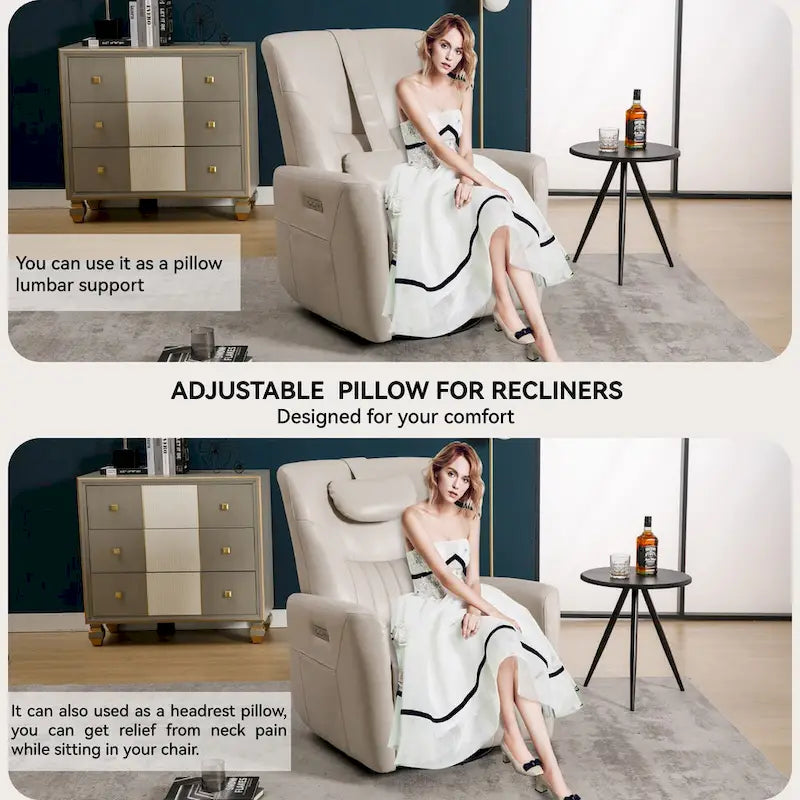 Sillón reclinable eléctrico giratorio y mecedor, moderno sillón reclinable individual con cojín de apoyo lumbar y cervical, puertos USB y tipo C