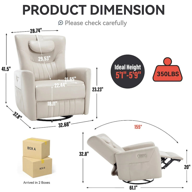 Fauteuil inclinable électrique pivotant et à bascule, moderne, avec coussin de soutien lombaire et cervical, ports USB et Type-C