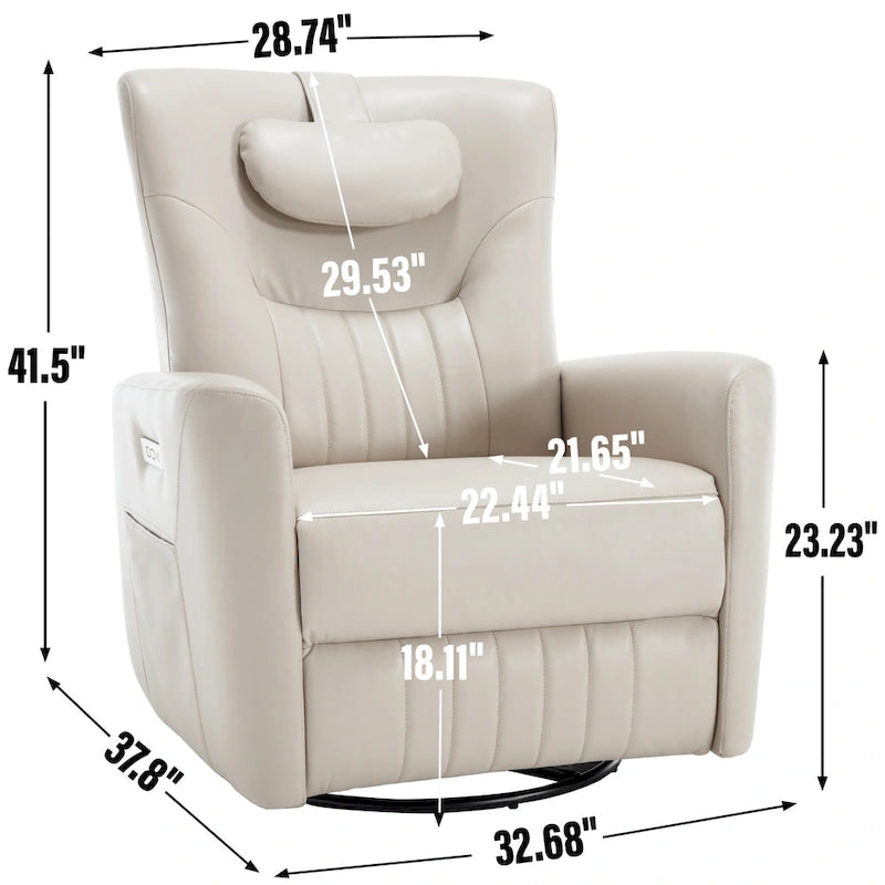 Sillón reclinable eléctrico giratorio y mecedor, moderno sillón reclinable individual con cojín de apoyo lumbar y cervical, puertos USB y tipo C
