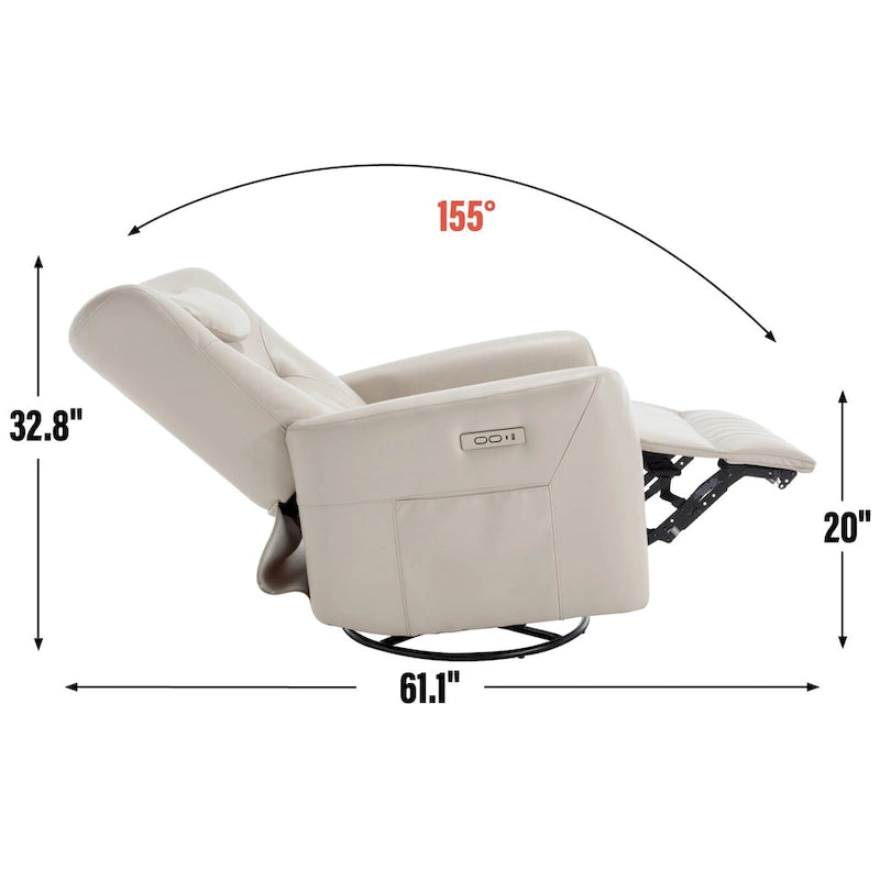 Fauteuil inclinable électrique pivotant et à bascule, moderne, avec coussin de soutien lombaire et cervical, ports USB et Type-C