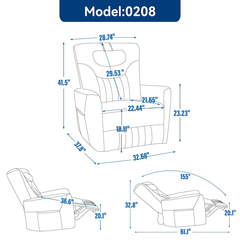 Fauteuil inclinable électrique pivotant et à bascule, moderne, avec coussin de soutien lombaire et cervical, ports USB et Type-C