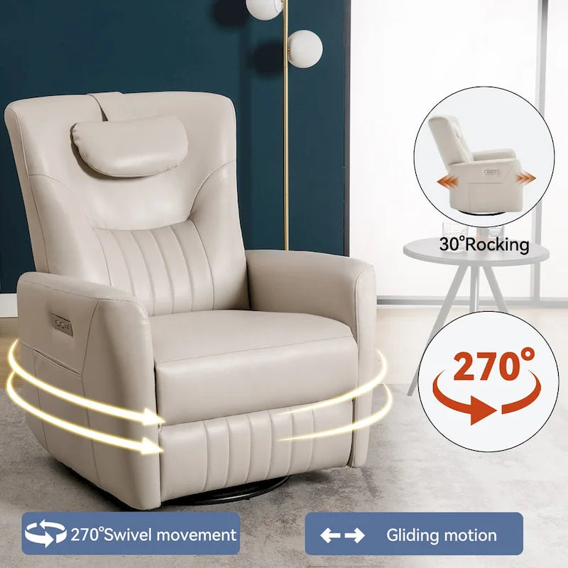 Fauteuil inclinable électrique pivotant et à bascule, moderne, avec coussin de soutien lombaire et cervical, ports USB et Type-C