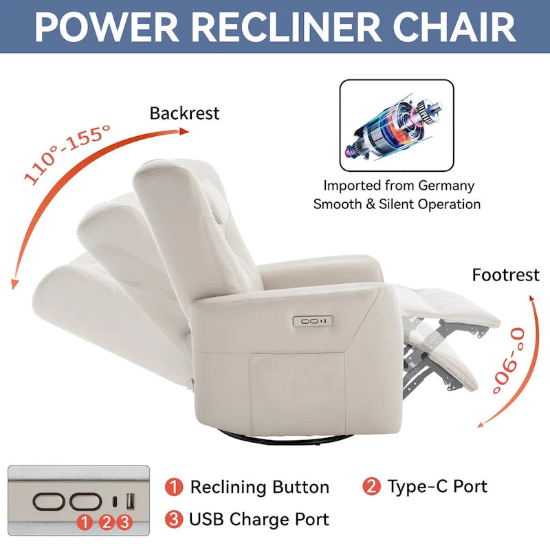 Fauteuil inclinable électrique pivotant et à bascule, moderne, avec coussin de soutien lombaire et cervical, ports USB et Type-C