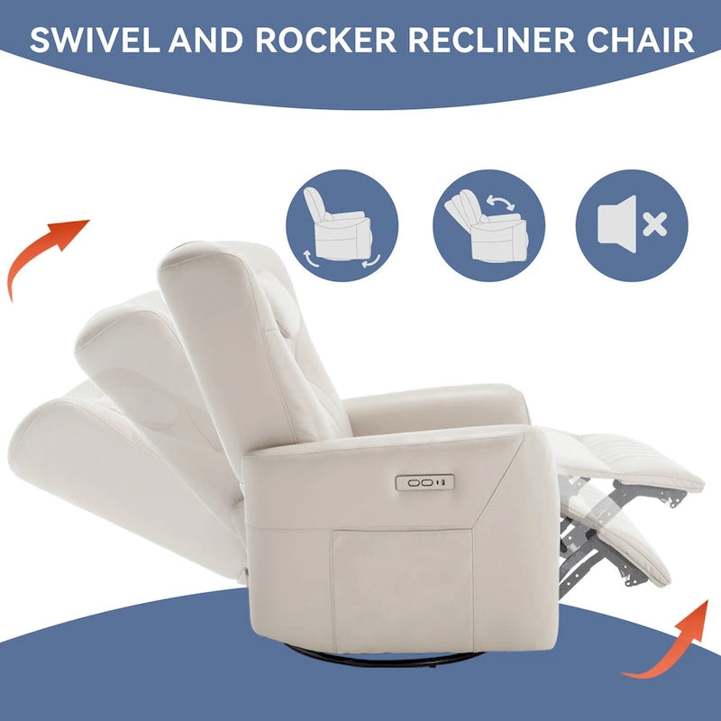 Fauteuil inclinable électrique pivotant et à bascule, moderne, avec coussin de soutien lombaire et cervical, ports USB et Type-C