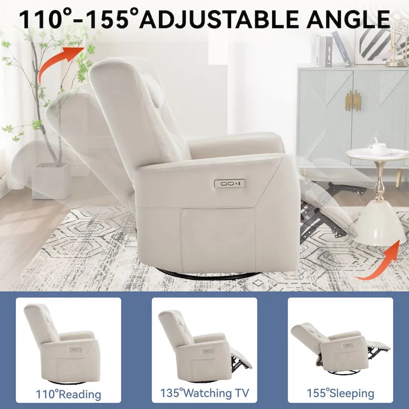 Fauteuil inclinable électrique pivotant et à bascule, moderne, avec coussin de soutien lombaire et cervical, ports USB et Type-C