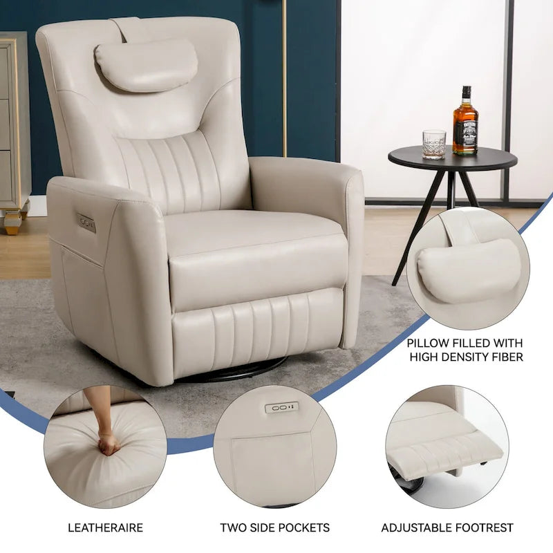 Fauteuil inclinable électrique pivotant et à bascule, moderne, avec coussin de soutien lombaire et cervical, ports USB et Type-C