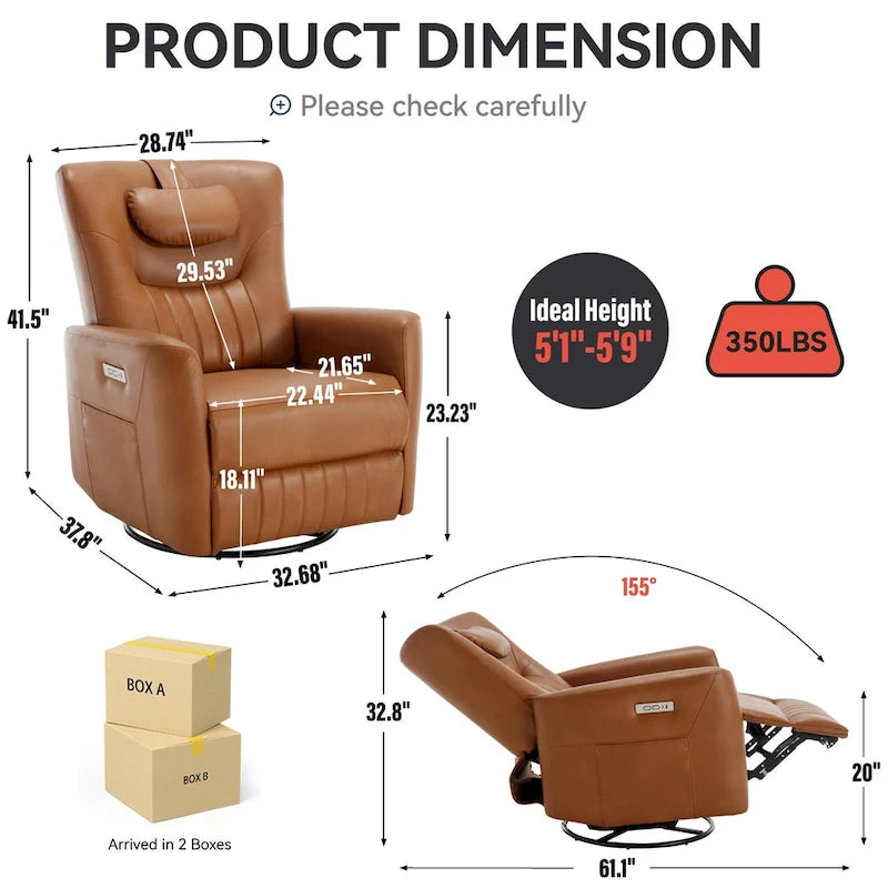 Fauteuil inclinable électrique pivotant et à bascule, moderne, avec coussin de soutien lombaire et cervical, ports USB et Type-C