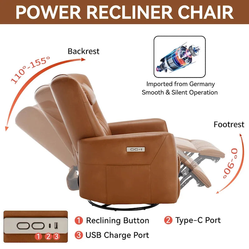 Fauteuil inclinable électrique pivotant et à bascule, moderne, avec coussin de soutien lombaire et cervical, ports USB et Type-C