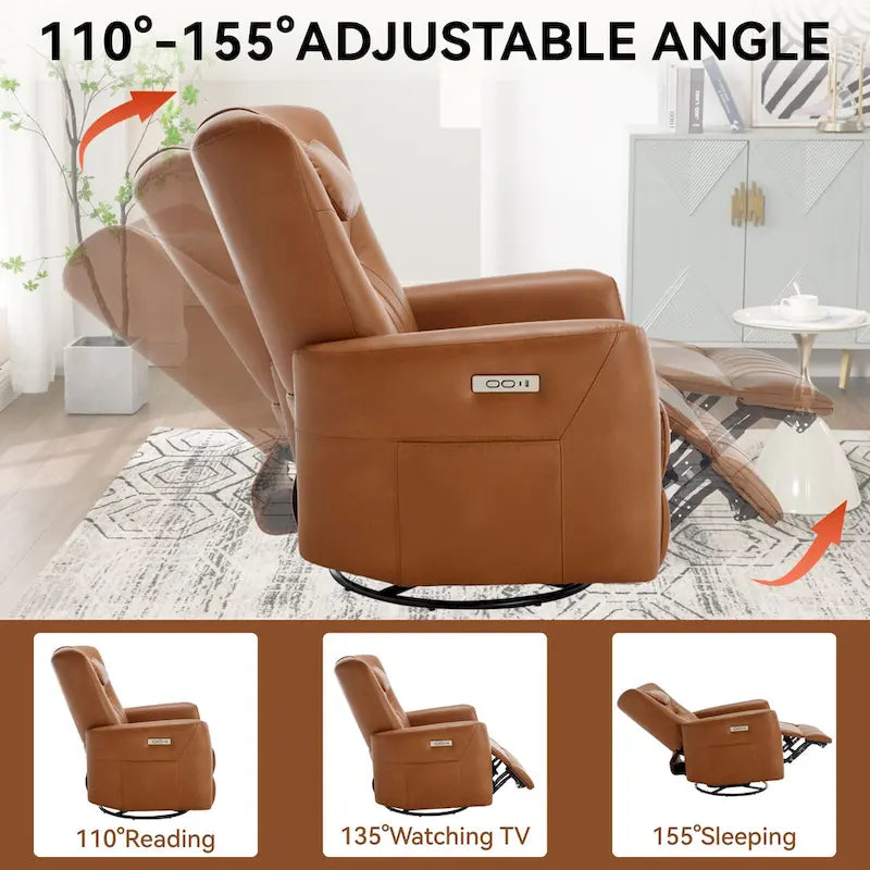 Fauteuil inclinable électrique pivotant et à bascule, moderne, avec coussin de soutien lombaire et cervical, ports USB et Type-C