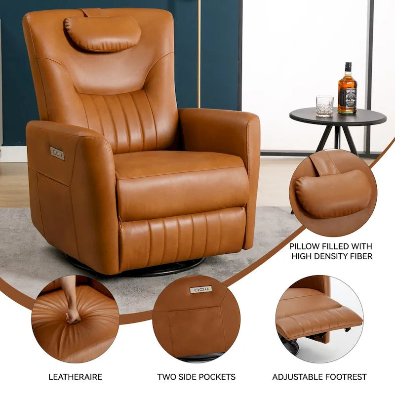 Fauteuil inclinable électrique pivotant et à bascule, moderne, avec coussin de soutien lombaire et cervical, ports USB et Type-C