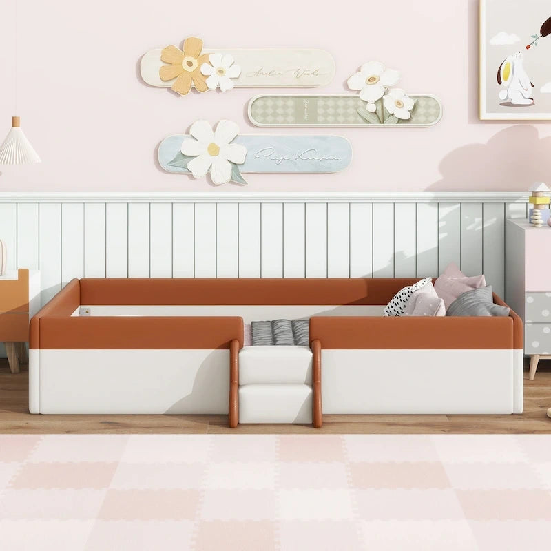 Kids Floor Bed with Fence, PU Upholstered Daybed Frame, Wood Slat Panel Bed w/ Small Stairs for Kids Girls Boys