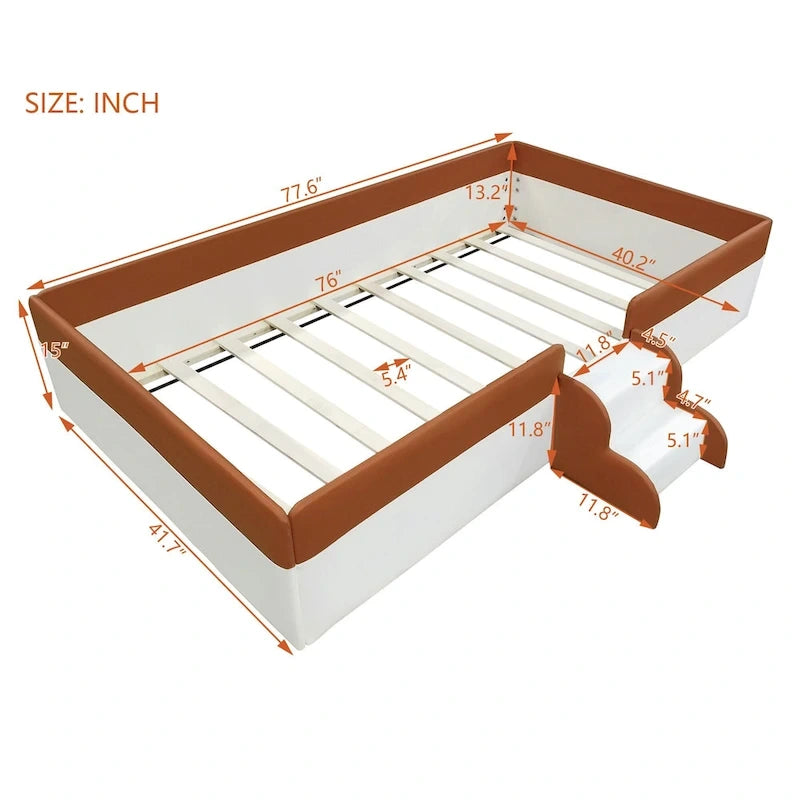Kinder-Bodenbett mit Gitter, gepolstertes Tagesbettgestell aus PU, Holzbett mit Lattenrost und kleiner Treppe für Mädchen und Jungen