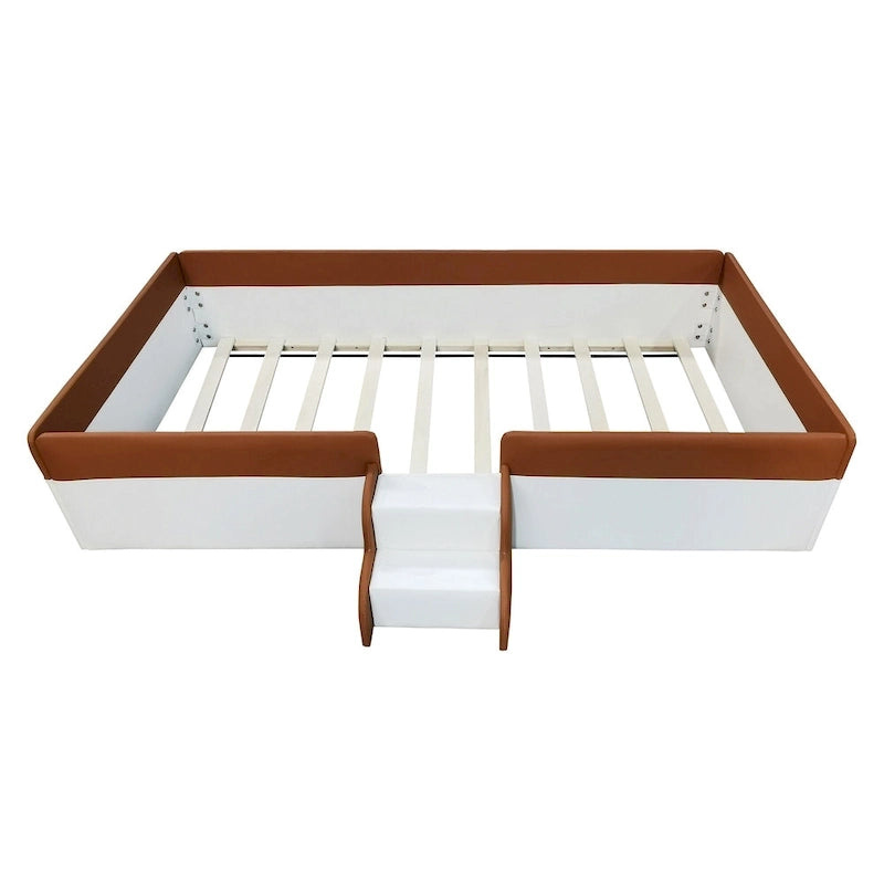Kinder-Bodenbett mit Gitter, gepolstertes Tagesbettgestell aus PU, Holzbett mit Lattenrost und kleiner Treppe für Mädchen und Jungen