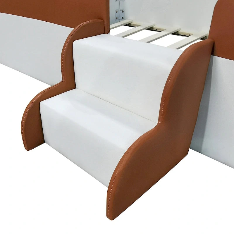 Kinder-Bodenbett mit Gitter, gepolstertes Tagesbettgestell aus PU, Holzbett mit Lattenrost und kleiner Treppe für Mädchen und Jungen