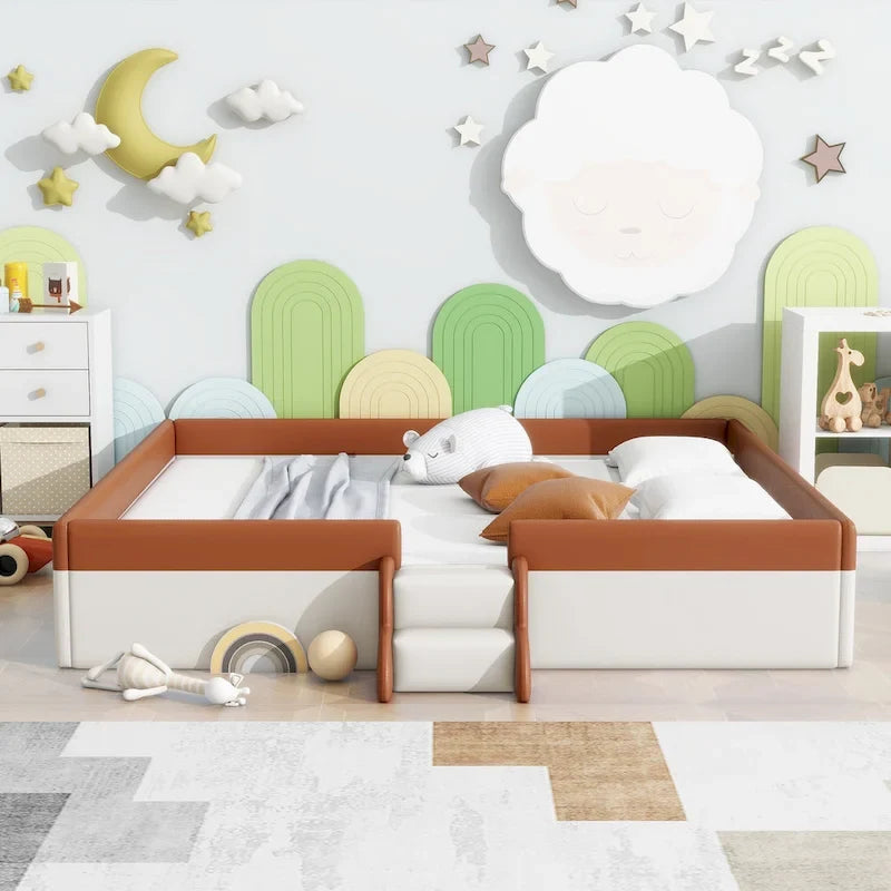 Kinder-Bodenbett mit Gitter, gepolstertes Tagesbettgestell aus PU, Holzbett mit Lattenrost und kleiner Treppe für Mädchen und Jungen