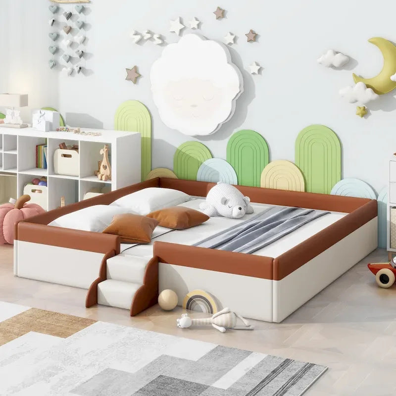 Kinder-Bodenbett mit Gitter, gepolstertes Tagesbettgestell aus PU, Holzbett mit Lattenrost und kleiner Treppe für Mädchen und Jungen