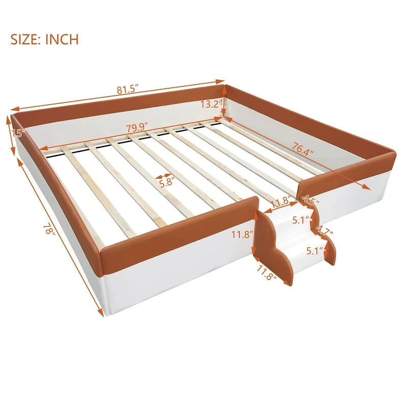 Kinder-Bodenbett mit Gitter, gepolstertes Tagesbettgestell aus PU, Holzbett mit Lattenrost und kleiner Treppe für Mädchen und Jungen
