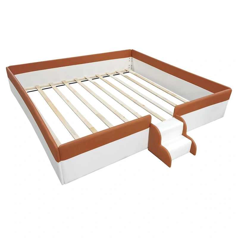 Kinder-Bodenbett mit Gitter, gepolstertes Tagesbettgestell aus PU, Holzbett mit Lattenrost und kleiner Treppe für Mädchen und Jungen