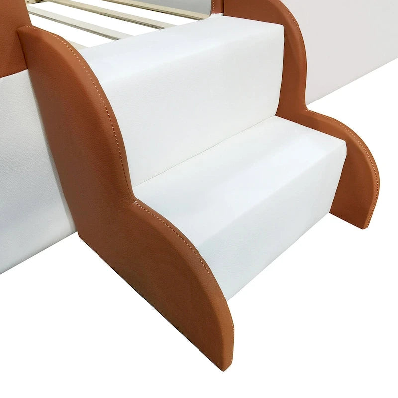 Kinder-Bodenbett mit Gitter, gepolstertes Tagesbettgestell aus PU, Holzbett mit Lattenrost und kleiner Treppe für Mädchen und Jungen
