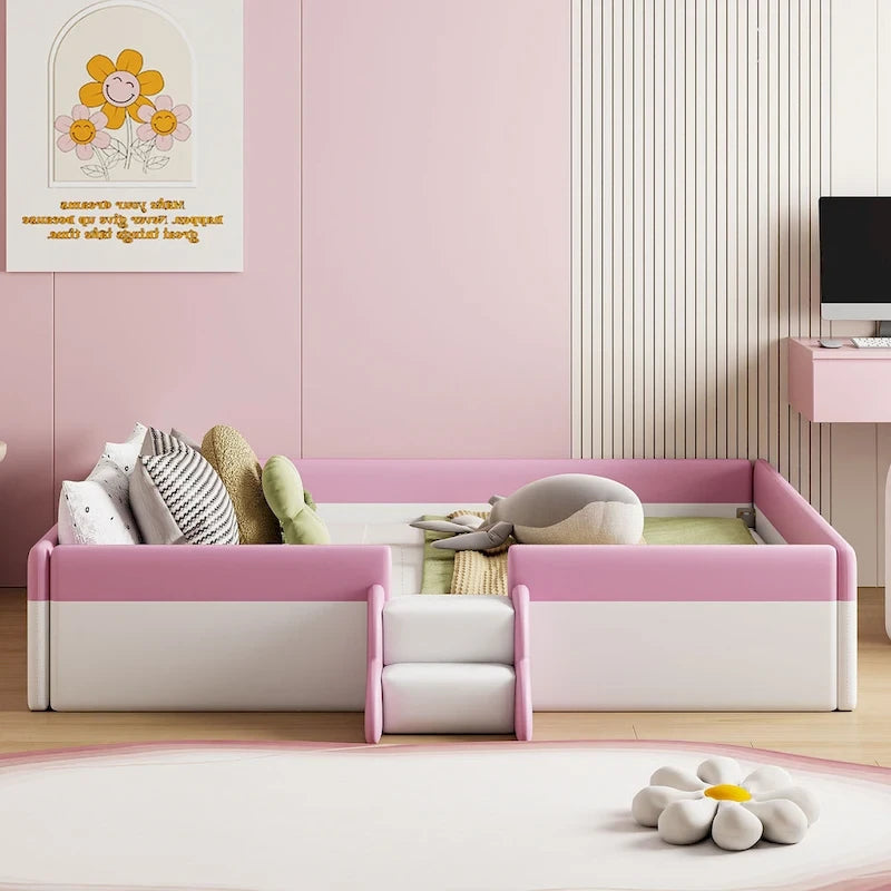 Kinder-Bodenbett mit Gitter, gepolstertes Tagesbettgestell aus PU, Holzbett mit Lattenrost und kleiner Treppe für Mädchen und Jungen