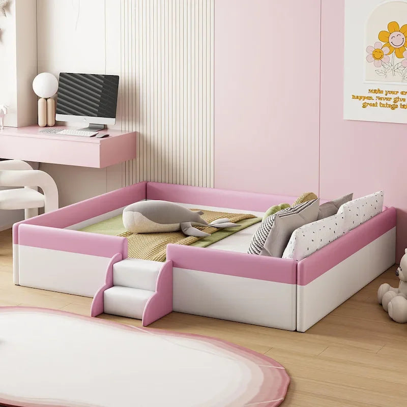 Kinder-Bodenbett mit Gitter, gepolstertes Tagesbettgestell aus PU, Holzbett mit Lattenrost und kleiner Treppe für Mädchen und Jungen