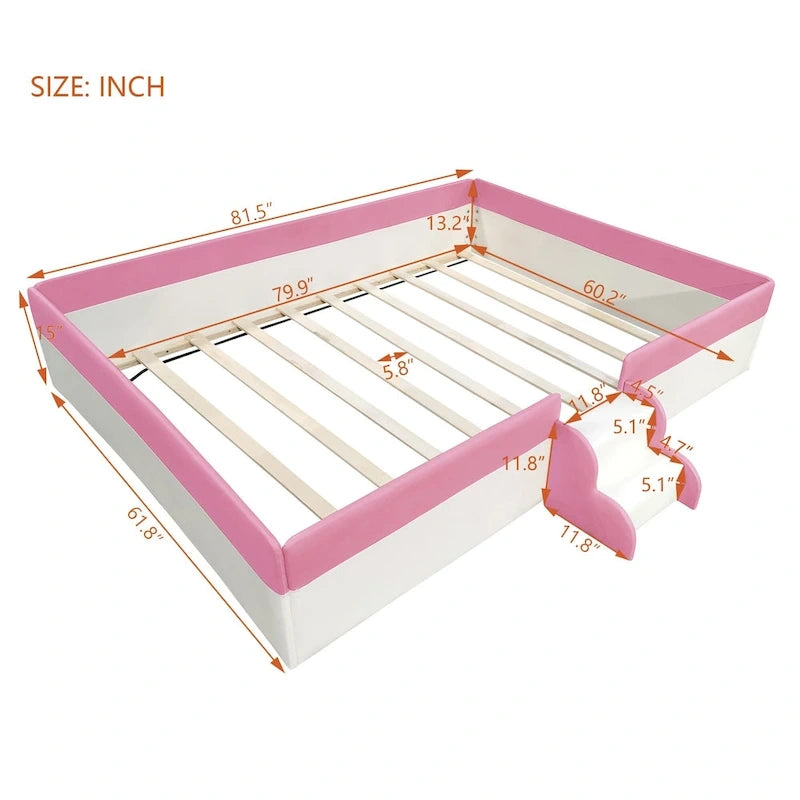 Kinder-Bodenbett mit Gitter, gepolstertes Tagesbettgestell aus PU, Holzbett mit Lattenrost und kleiner Treppe für Mädchen und Jungen