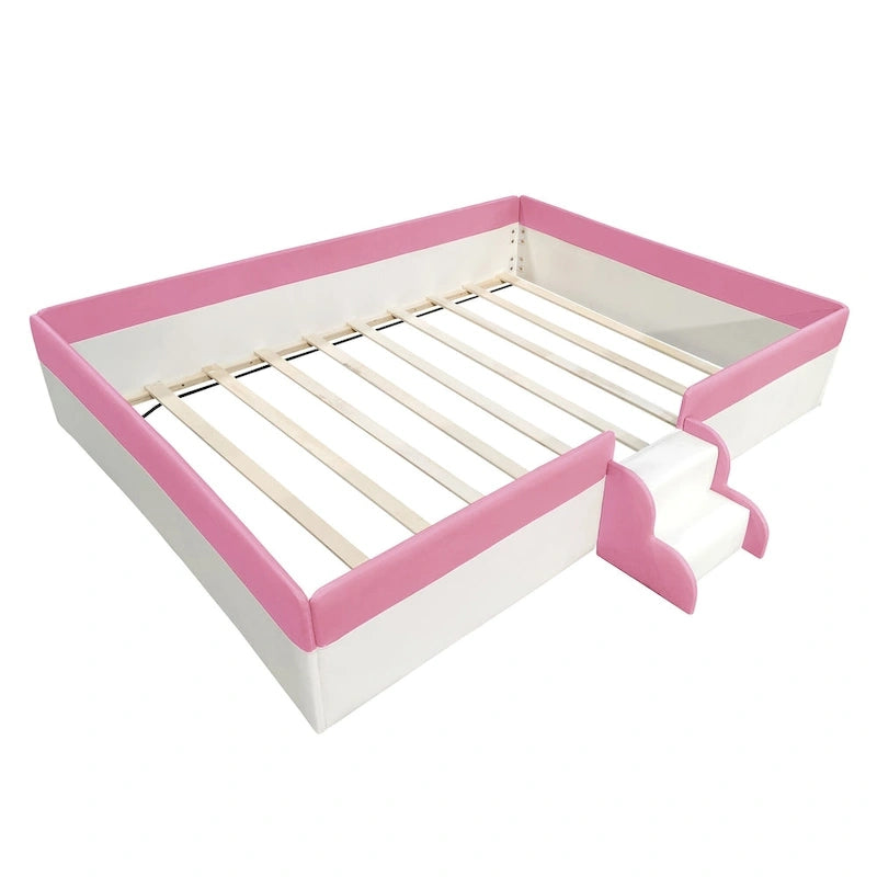 Kinder-Bodenbett mit Gitter, gepolstertes Tagesbettgestell aus PU, Holzbett mit Lattenrost und kleiner Treppe für Mädchen und Jungen