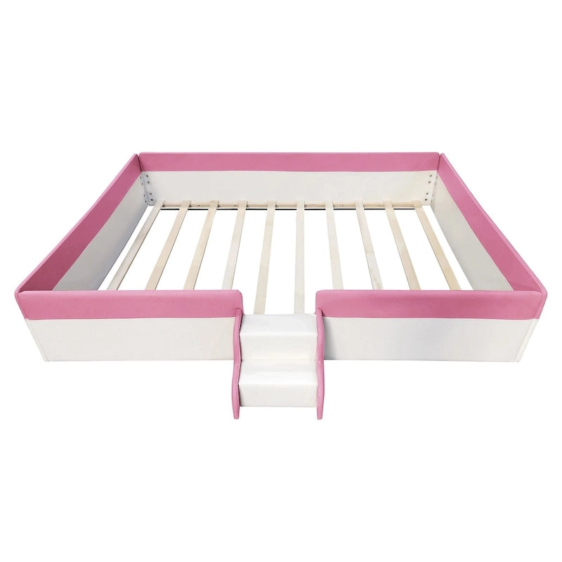 Kinder-Bodenbett mit Gitter, gepolstertes Tagesbettgestell aus PU, Holzbett mit Lattenrost und kleiner Treppe für Mädchen und Jungen