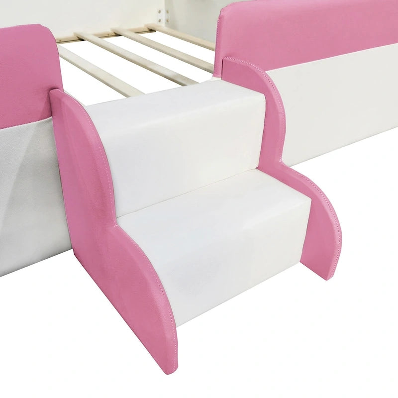 Kinder-Bodenbett mit Gitter, gepolstertes Tagesbettgestell aus PU, Holzbett mit Lattenrost und kleiner Treppe für Mädchen und Jungen