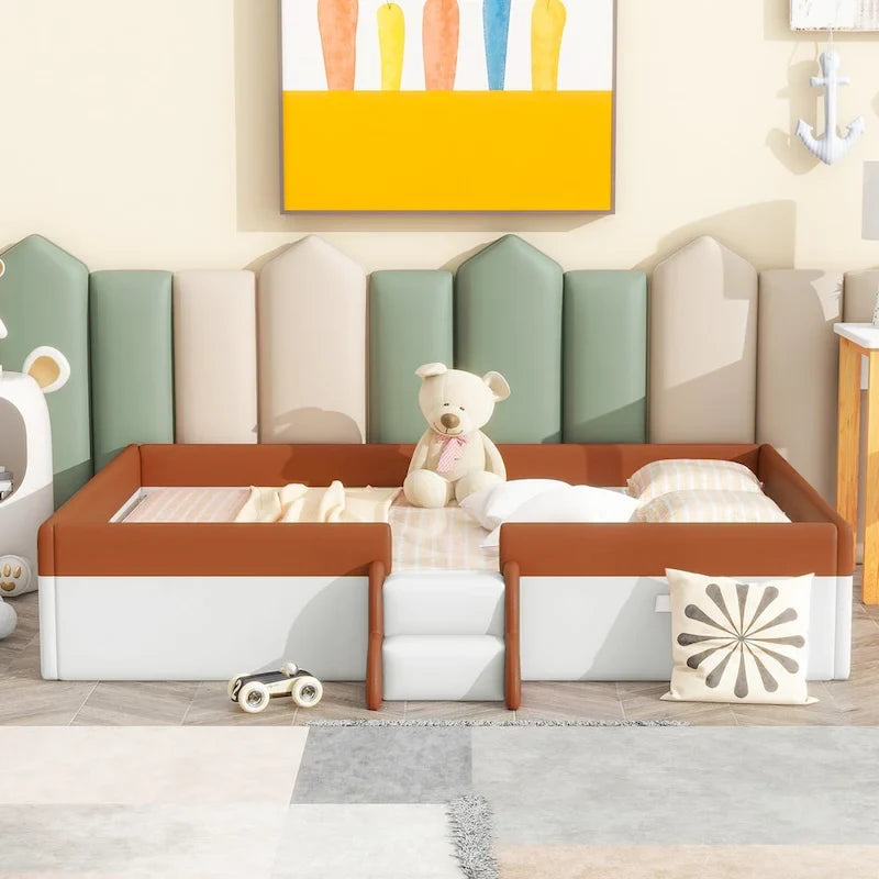 Kinder-Bodenbett mit Gitter, gepolstertes Tagesbettgestell aus PU, Holzbett mit Lattenrost und kleiner Treppe für Mädchen und Jungen