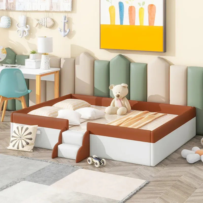 Kinder-Bodenbett mit Gitter, gepolstertes Tagesbettgestell aus PU, Holzbett mit Lattenrost und kleiner Treppe für Mädchen und Jungen
