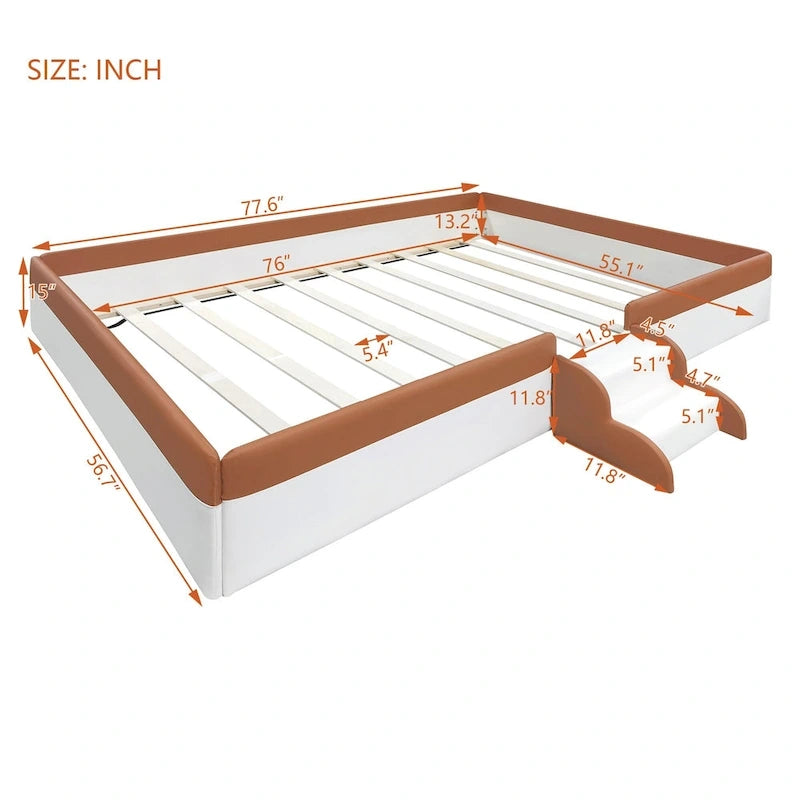 Kinder-Bodenbett mit Gitter, gepolstertes Tagesbettgestell aus PU, Holzbett mit Lattenrost und kleiner Treppe für Mädchen und Jungen