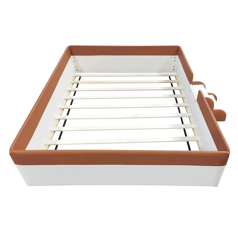 Kinder-Bodenbett mit Gitter, gepolstertes Tagesbettgestell aus PU, Holzbett mit Lattenrost und kleiner Treppe für Mädchen und Jungen